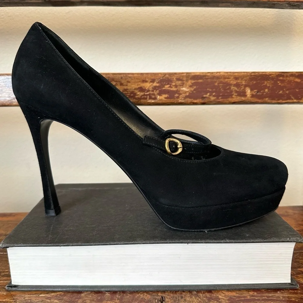 YSL Yves Saint Laurent Black Suede Platform Mary Jane Heels Shoes - Picture 4 of 16